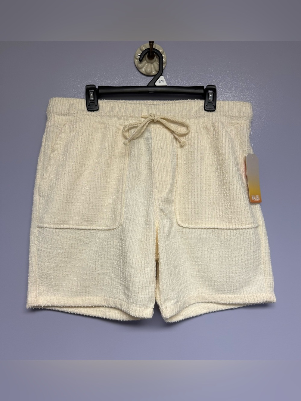 NWT Malibu women’s linen look textured ivory Knit Drawstring Athletic Shorts XL
